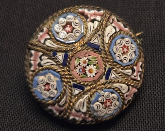Lot# 3 1920s Italian Micro Mosaic Round Glass Floral Themed Brooch