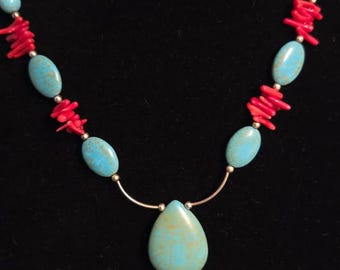 Vintage Red Branch Coral and Turquoise Silver Tone Metal Statement Necklace