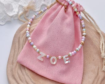 Custom Name Mother of Pearl Beaded Necklace, Design Your Own Necklace, Macaron Color Initial Charm Necklace, Gift For Her