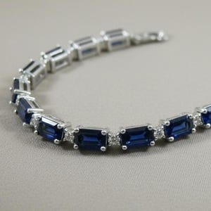 Emerald Cut Sapphire & Moissanite Women&#39;s Tennis Bracelet in White Gold Finish | September Birthstone Gift