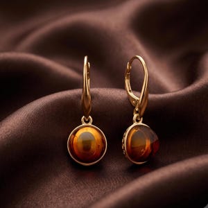 May include: A pair of gold-toned drop earrings featuring round, polished amber-colored stones set in smooth metal bezels. The earrings are suspended from curved, hinged lever-back closures that match the gold-toned finish of the settings.