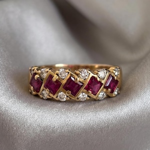 Vintage Inspired 14K Gold Plated Silver Princess Pink Ruby & Diamond Women's Ring, Anniversary Gift