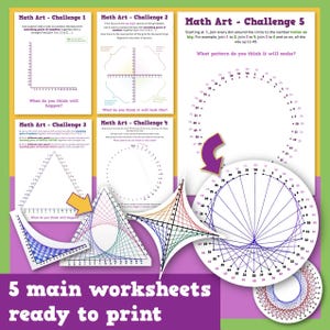 May include: A collection of five math art worksheets, ready to print. Each worksheet features geometric challenges with numbered dots and instructions. The worksheets include challenges with lines, circles, and patterns. The text on the image says "Math Art - Challenge" and "5 main worksheets ready to print."
