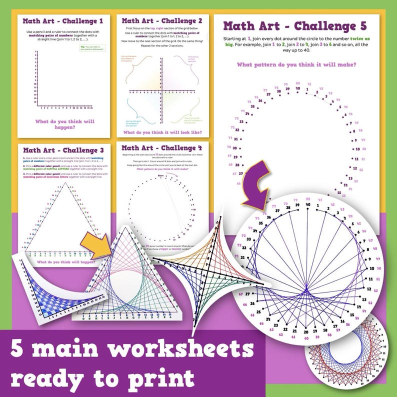 May include: A collection of five math art worksheets, ready to print. Each worksheet features geometric challenges with numbered dots and instructions. The worksheets include challenges with lines, circles, and patterns. The text on the image says "Math Art - Challenge" and "5 main worksheets ready to print."