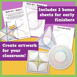 May include: A collection of math art worksheets with geometric designs created using string. The image includes instructions and the text "Create artwork for your classroom!" and "Includes 2 bonus sheets for early finishers."
