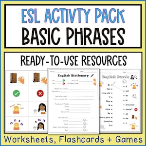 ESL Basic Phrases Activity Pack – English Worksheets & Flashcards (Digital Download)