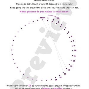 May include: A white worksheet with purple text titled "Math Art - Challenge 4." It features a circle with numbered dots and instructions to connect them with a ruler. Includes a bonus task to use a different color pencil.