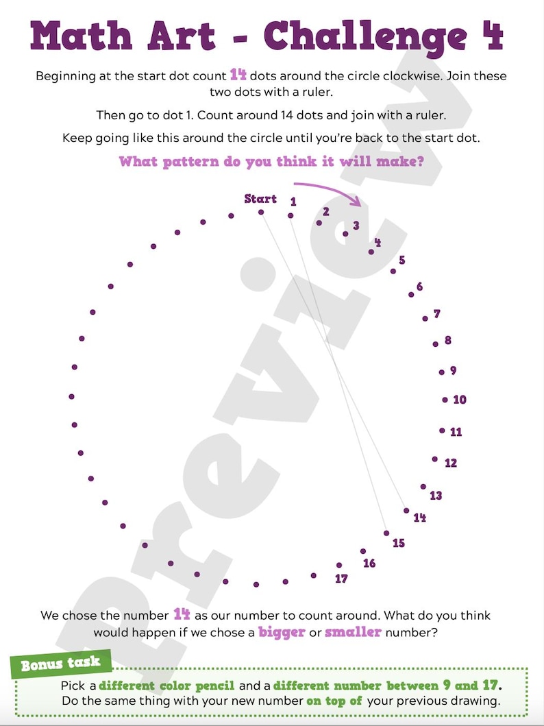 May include: A white worksheet with purple text titled "Math Art - Challenge 4." It features a circle with numbered dots and instructions to connect them with a ruler. Includes a bonus task to use a different color pencil.