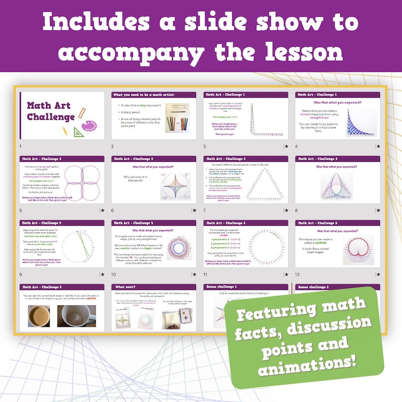 May include: A slideshow presentation titled "Math Art Challenge" with colorful slides. The presentation includes text and diagrams, with a green banner that reads "Featuring math facts, discussion points and animations!"