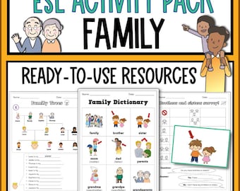 May include: An educational resource pack for ESL students. The image features worksheets, flashcards, and games focused on family vocabulary. The title "ESL ACTIVITY PACK FAMILY" is displayed at the top, with "READY-TO-USE RESOURCES" below.