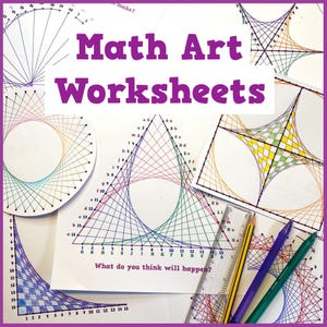 May include: A collection of math art worksheets with geometric designs created using string art techniques. The worksheets feature colorful lines forming various shapes, with the text "Math Art Worksheets" in purple. Pencils and a ruler are also visible.