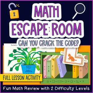 May include: A colorful educational graphic with the text "MATH ESCAPE ROOM" and "CAN YOU CRACK THE CODE?". It includes math problems, shapes, and a cat illustration with measurements in centimeters. The text "FULL LESSON ACTIVITY" is also present.