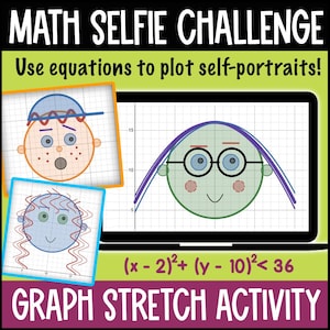May include: A digital graphic for a math activity. The title "MATH SELFIE CHALLENGE" is at the top. The image shows three cartoon self-portraits plotted on a graph. The text "Use equations to plot self-portraits!" is also included.