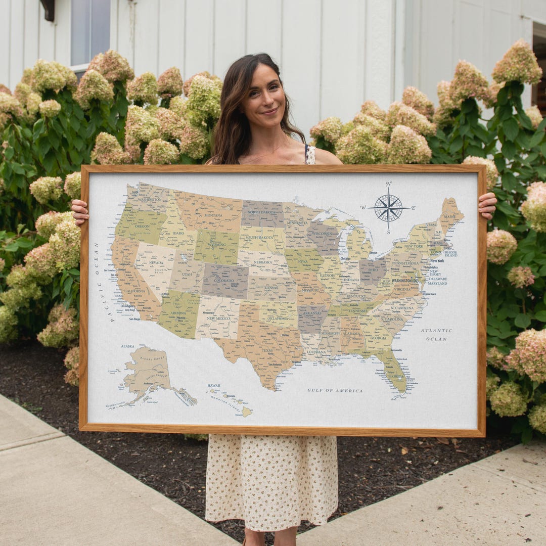 Us Map Neutral Highly Detailed USA Map | Neutral Framed Canvas Wall Art | Muted ...