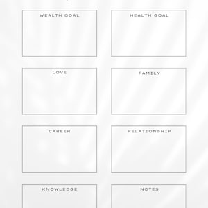Può includere: Un modello di vision board bianco con il testo Vision BOARD in alto e PLANNERSTUDIO in basso. Contiene otto riquadri rettangolari etichettati come Wealth Goal, Health Goal, Love, Family, Career, Relationship, Knowledge e Notes.