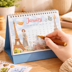 May include: A spiral-bound desk calendar for January, featuring illustrations of the Eiffel Tower, a woman, and a scooter. The calendar is open, with a hand holding a pen over the dates. The calendar has a blue stand.