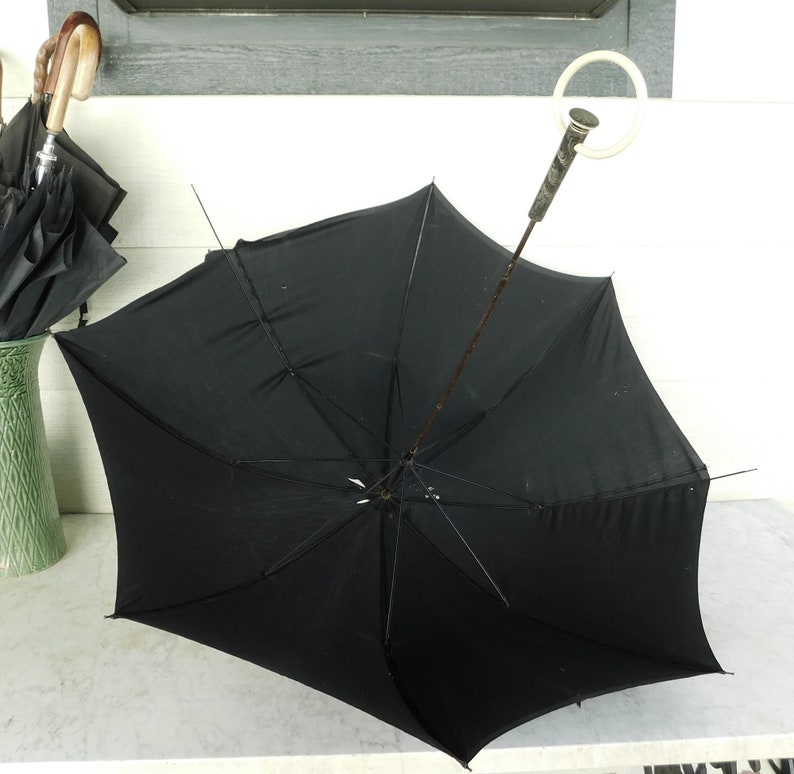 1930s Parasol Umbrella Gothic with Ivory Colored Loop Ring Handle