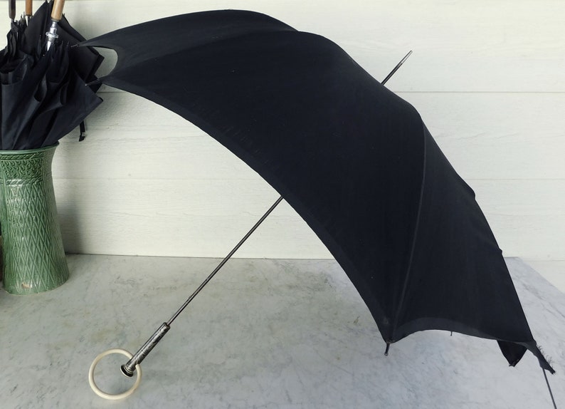 1930s Parasol Umbrella Gothic with Ivory Colored Loop Ring Handle