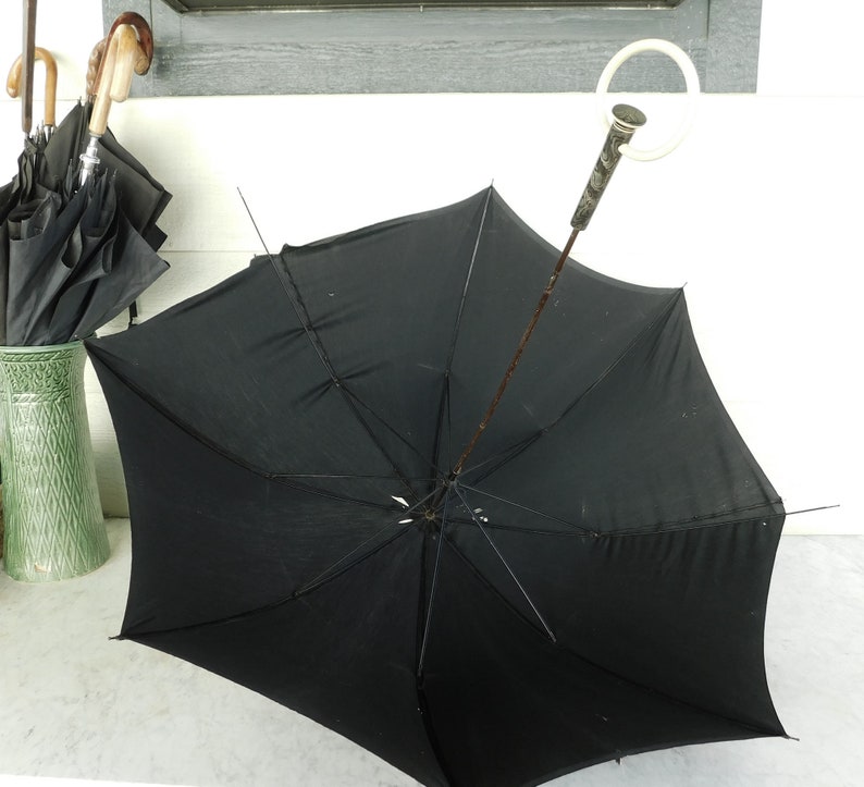 1930s Parasol Umbrella Gothic with Ivory Colored Loop Ring Handle