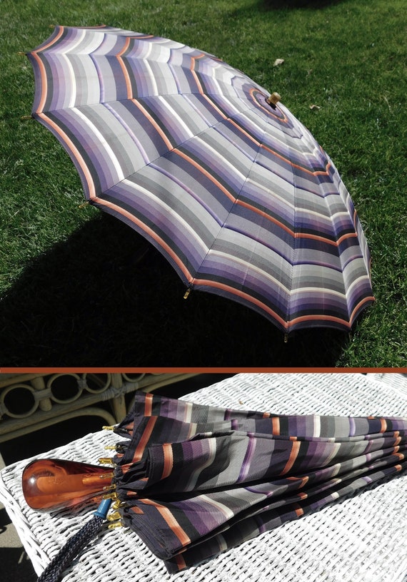 1940s Vintage Purple Gray Amber Striped Parasol Um