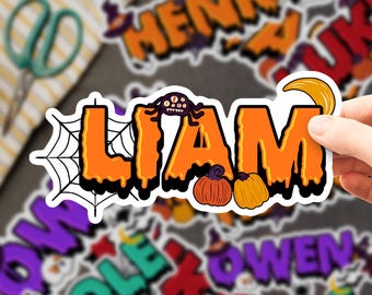 Pegatinas personalizadas de Halloween con nombres: Etiquetas de vinilo impermeables para botellas, portátiles y cuadernos.
