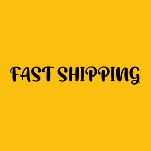 May include: Black cursive text that reads "FAST SHIPPING" on a bright yellow background. The text is centered and the font is a playful, handwritten style. The background is a solid, vibrant yellow.