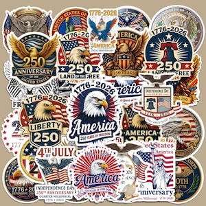 May include: A collection of patriotic stickers featuring eagles, flags, and the text "America" and "250th Anniversary." The stickers are in red, white, and blue, celebrating American independence and freedom.