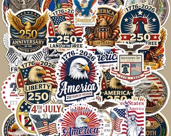 USA 250 Years Sticker Bundle 50 Pcs, Patriotic America Independence Day Vinyl Stickers