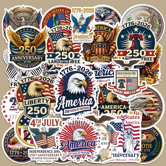 USA 250 Years Sticker Bundle 50 Pcs, Patriotic America Independence Day Vinyl Stickers