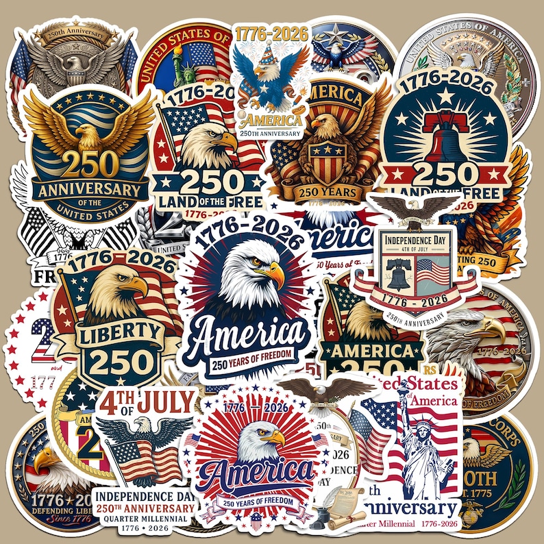 May include: A collection of patriotic stickers featuring eagles, flags, and the text "America" and "250th Anniversary." The stickers are in red, white, and blue, celebrating American independence and freedom.