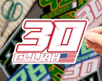 Pegatinas personalizadas de banderas con nombre y número para carreras, pegatinas de vinilo impermeables para matrículas de motos de cross y coches de motor.