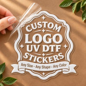May include: A clear adhesive sticker with a scalloped border and white embossed text that reads CUSTOM LOGO UV DTF STICKERS and Any Size - Any Shape - Any Color. The sticker features small star accents and is partially peeled from its backing.
