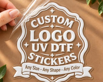 Pegatinas UV DTF con logotipo personalizado, calcomanías de marca impermeables, pegatinas para embalaje comercial, opciones al por mayor.
