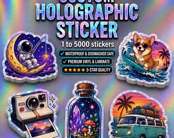 Pegatinas holográficas con logotipo personalizado, pegatinas de vinilo impermeables, troqueladas, opciones al por mayor.