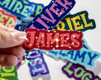 Pegatina holográfica personalizada con nombre, etiqueta de vinilo impermeable con nombre para Halloween para botellas, portátiles y notebooks.
