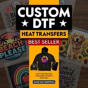 May include: A promotional graphic for custom DTF heat transfers featuring various designs including a golden retriever, a beach sunset, and a rainbow apple. A black hoodie, a black baseball cap, and a black smartphone are displayed centrally.