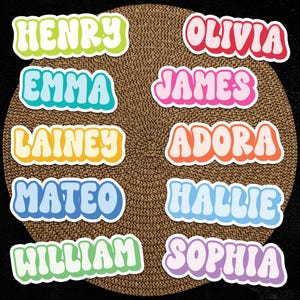 May include: A collection of colorful name stickers in a retro font style. Names include Henry, Emma, Lainey, Mateo, William, Olivia, James, Adora, Hallie, and Sophia. The stickers are arranged on a brown, textured surface.