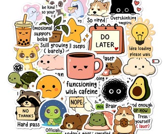 Mental Health Sticker Pack of 30, Funny Self Care & Procrastination Stickers, Kawaii Animal Vinyl Decals for Laptops, Water Bottles
