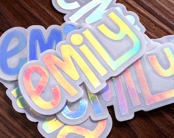 Vinilo adhesivo holográfico personalizado con nombre, pegatina impermeable personalizada con nombre, pegatina para portátil, pegatina para botella de agua, pegatina con nombre para vaso.