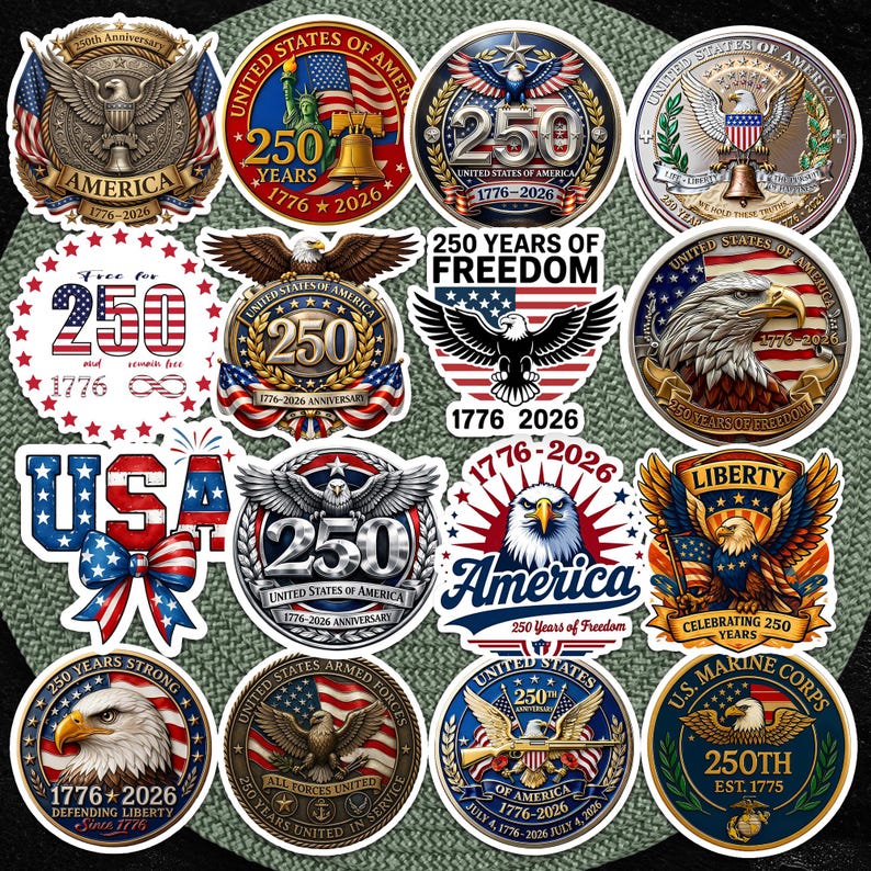 May include: A collection of patriotic stickers and decals, featuring the American flag, eagles, and the text "250 Years of Freedom" and "United States of America 1776-2026". The stickers are in various shapes and sizes, with red, white, and blue color schemes.