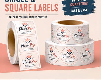 Etiquetas personalizadas circulares y cuadradas / Pegatinas con logotipo impermeables / Etiquetas en rollo para embalaje