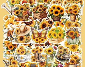 Sunflower Sticker Bundle, Vintage Floral Pack, Fall Cottagecore Flower Decals Set
