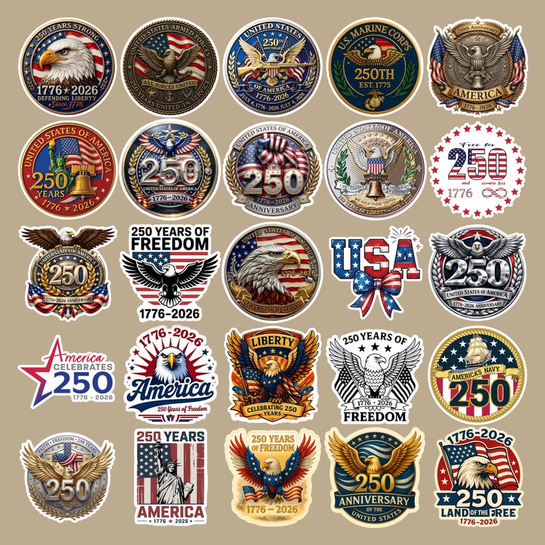 May include: A collection of patriotic stickers and decals celebrating the 250th anniversary of the United States. Designs include eagles, flags, and the text "250 Years of Freedom" and "America".