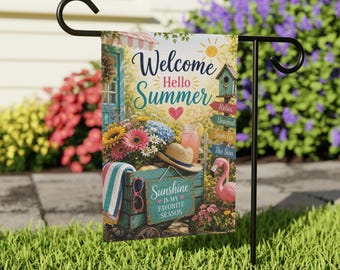 Summer Garden Flag 12x18 Welcome Hello Summer Sunshine Porch Decor Flamingo Floral Farmhouse Outdoor Yard Flag Welcome Flag