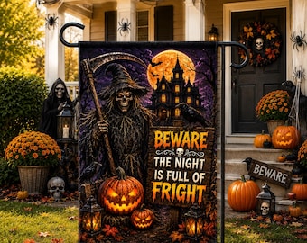 Beware Halloween Garden Flag, Haunted House Flag, Scarecrow Grim Reaper Decor, Spooky Yard Flag, Gothic Halloween Outdoor Decor Welcome Flag
