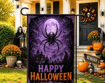 Happy Halloween Garden Flag, Gothic Spider Flag, Spooky Halloween Decor, Haunted House Yard Flag, Skull Spider Outdoor Flag Welcome Flag