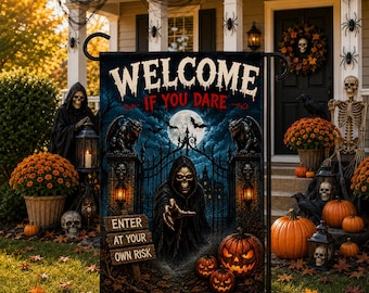 Welcome If You Dare Garden Flag, Personalized Halloween Flag, Grim Reaper Haunted House Decor, Spooky Porch Yard Flag, Gothic Outdoor Flag
