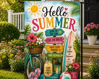 Hello Summer Garden Flag, Tropical Beach Porch Decor, Coastal Welcome Flag, Surfboard Yard Flag, Summer Outdoor Patio Decor Welcome Sign