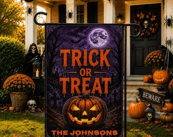 Personalized Trick or Treat Garden Flag, Custom Halloween Flag, Pumpkin Yard Decor, Spooky Porch Flag, Halloween Family Name Welcome Flag