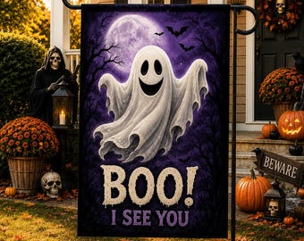 Boo I See You Garden Flag, Cute Ghost Halloween Flag, Spooky Outdoor Decor, Ghost Porch Flag, Halloween Yard Decoration Welcome Flag
